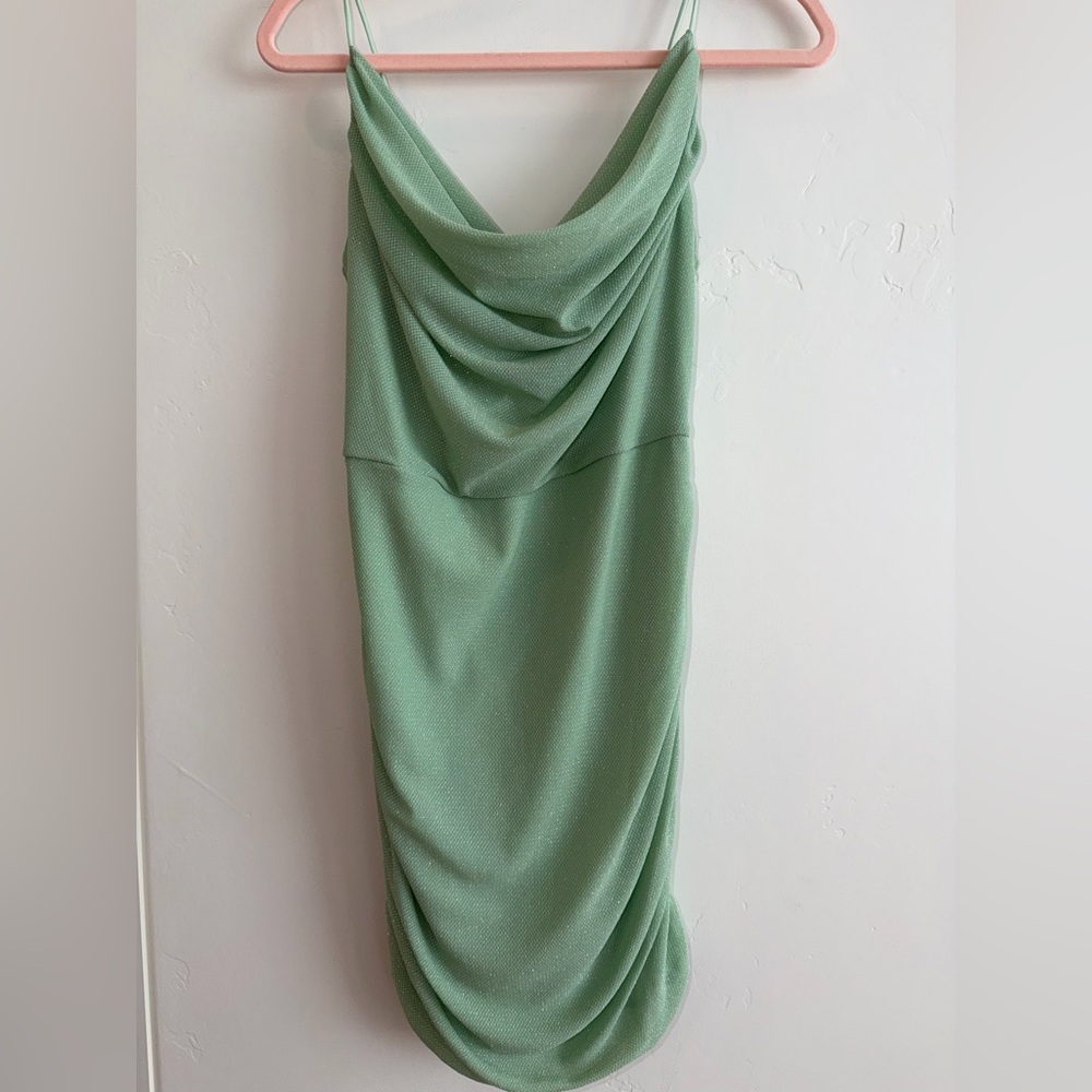 Sage Green Ruched Shimmery Cowl Neck Midi Dress Wedding Guest Bridesmaid M